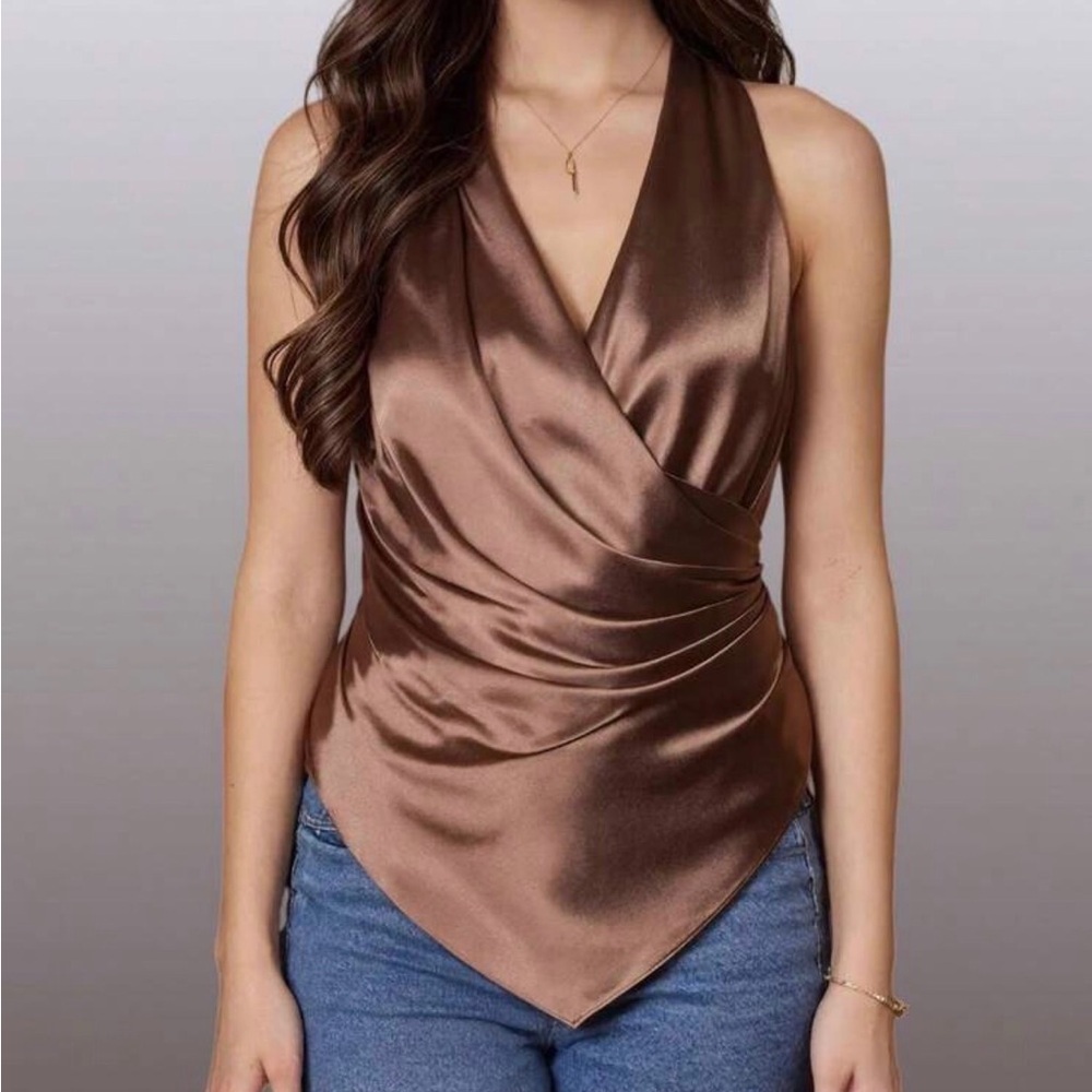 Honey Brown Satin Wrap Top Size L